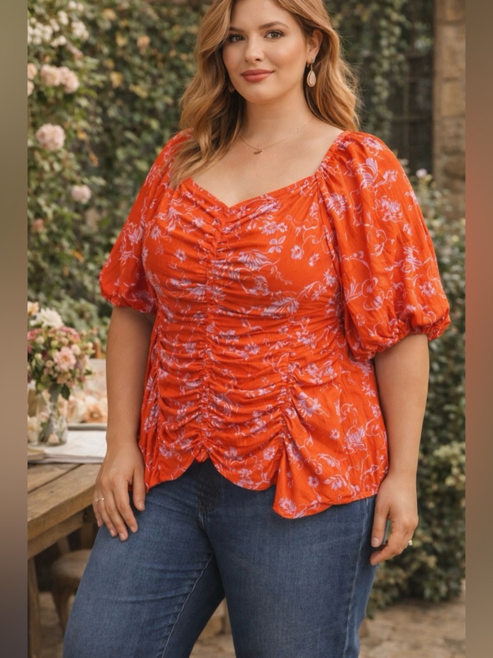Ava & Viv Orange Floral Smocked Blouse 3X Puff Sleeve Ruched Cottagecore Top